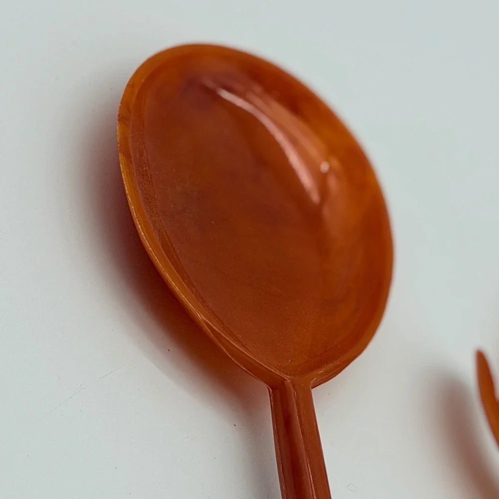 Vintage MCM Burnt Orange Lucite Salad Server Tulip Serving Spoon Fork Set 11.5in